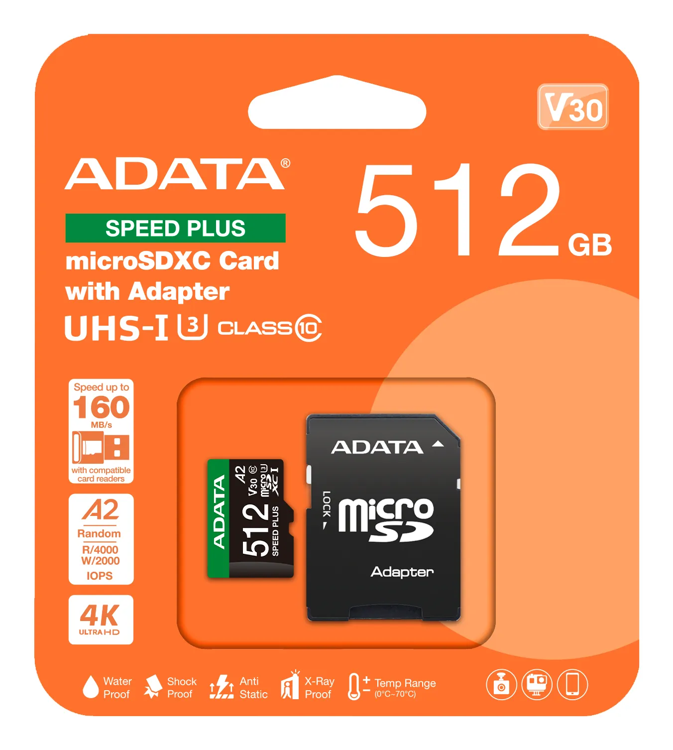 A-DATA Speed Plus 512GB MicroSDXC UHS-I U3 V30 A2 card with SD adapter, Black, Green, White