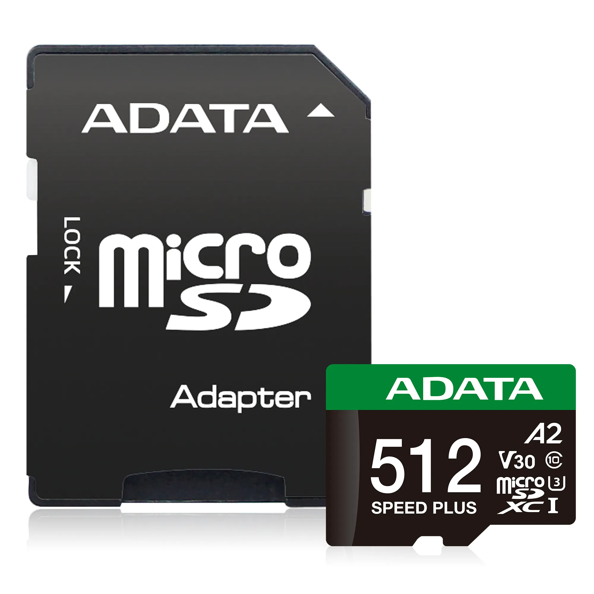 A-DATA Speed Plus 512GB MicroSDXC UHS-I U3 V30 A2 card with SD adapter, Black, Green, White
