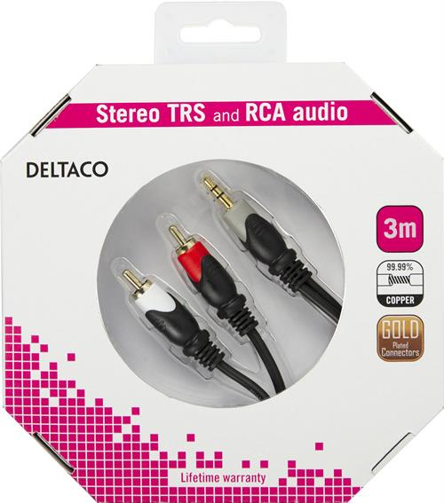 DELTACO ljudkabel 3,5mm ha - 2xRCA ha, guldpl&auml;terad, 3m