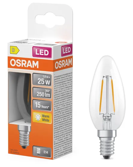 OSRAM LED kynttil&auml; filamentti kirkas B25 1.8 W 250 lm 2700 K E14