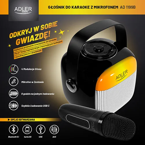 ADLER AD 1199b Bluetooth, tr&aring;dbunden b&auml;rbar h&ouml;gtalare, svart