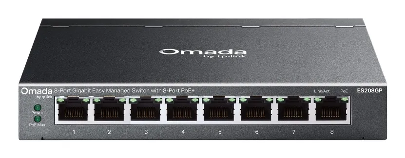 TP-LINK Omada ES208GP - 8-porttinen hallittava Gigabitin PoE+-kytkin, musta