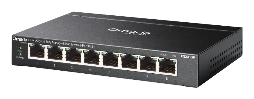 TP-LINK Omada ES208GP - 8-porttinen hallittava Gigabitin PoE+-kytkin, musta
