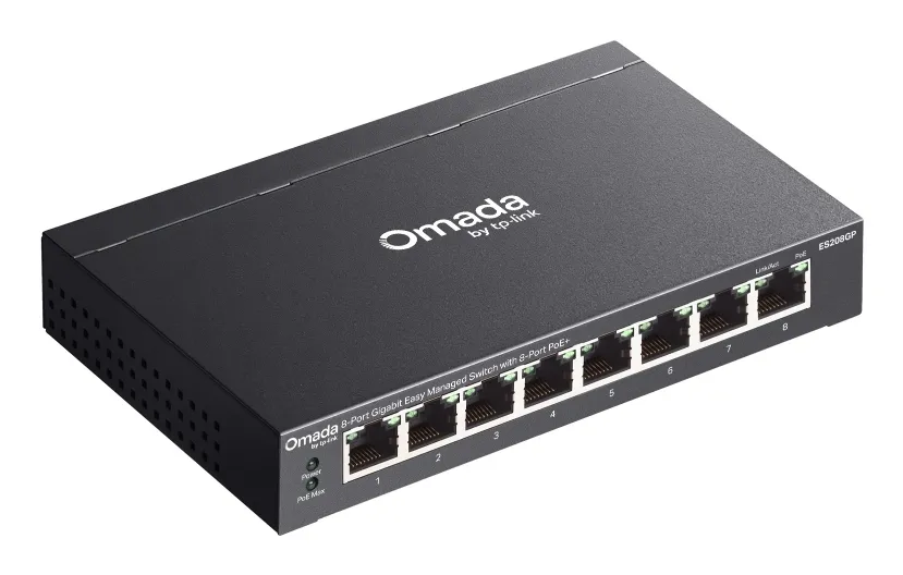 TP-LINK Omada ES208GP - 8-porttinen hallittava Gigabitin PoE+-kytkin, musta