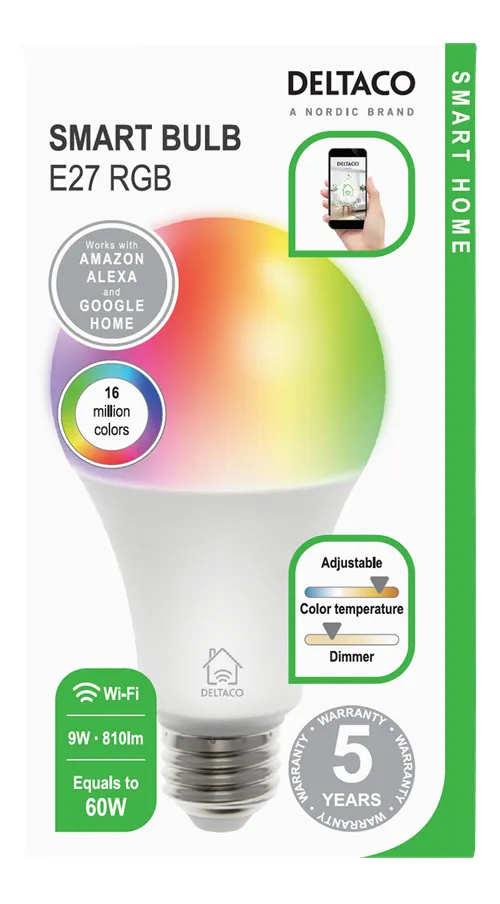Deltaco Smart Home SH-LE27RGB -älylamppu, RGB, E27, 7W, Wi-Fi Deltaco Smart Home SH-LE27RGB -älylamppu, RGB, E27, 7W, Wi-Fi