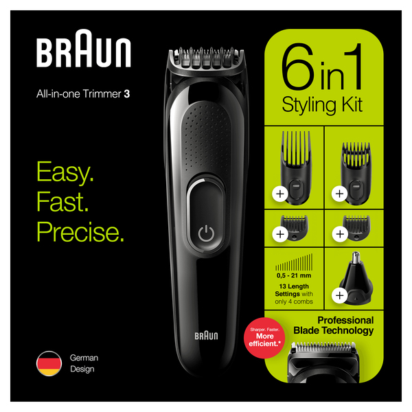 BRAUN PARRANTASAAJA MGK3220 6-in-1 MULTIGROOMER. Ladattava all-in-one-trimmeri, joka tarjoaa ennenn&auml;kem&auml;tt&ouml;m&auml;n leikkaustehon. &Auml;&auml;rimm&auml;isen tarkka muotoilu elini&auml;