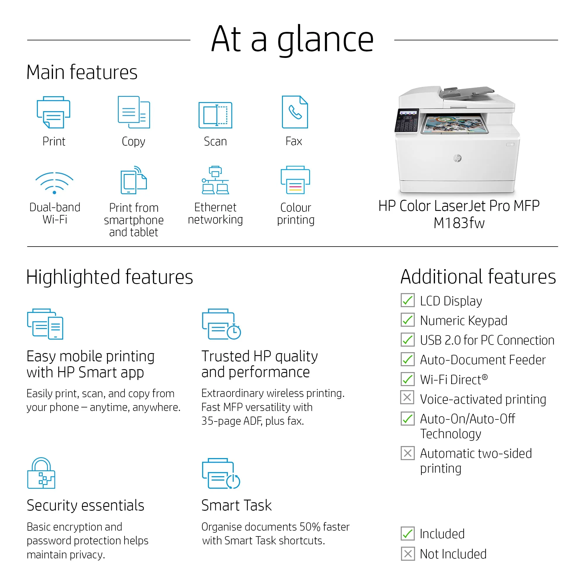 HP Color LaserJet Pro MFP M183fw - Monitoimitulostin - v&auml;ri - laser - 216 x 297 mm (alkuper&auml;inen) - A4/Legal (media) - jopa 16 sivua/min (kopiointi) - jopa 16 s