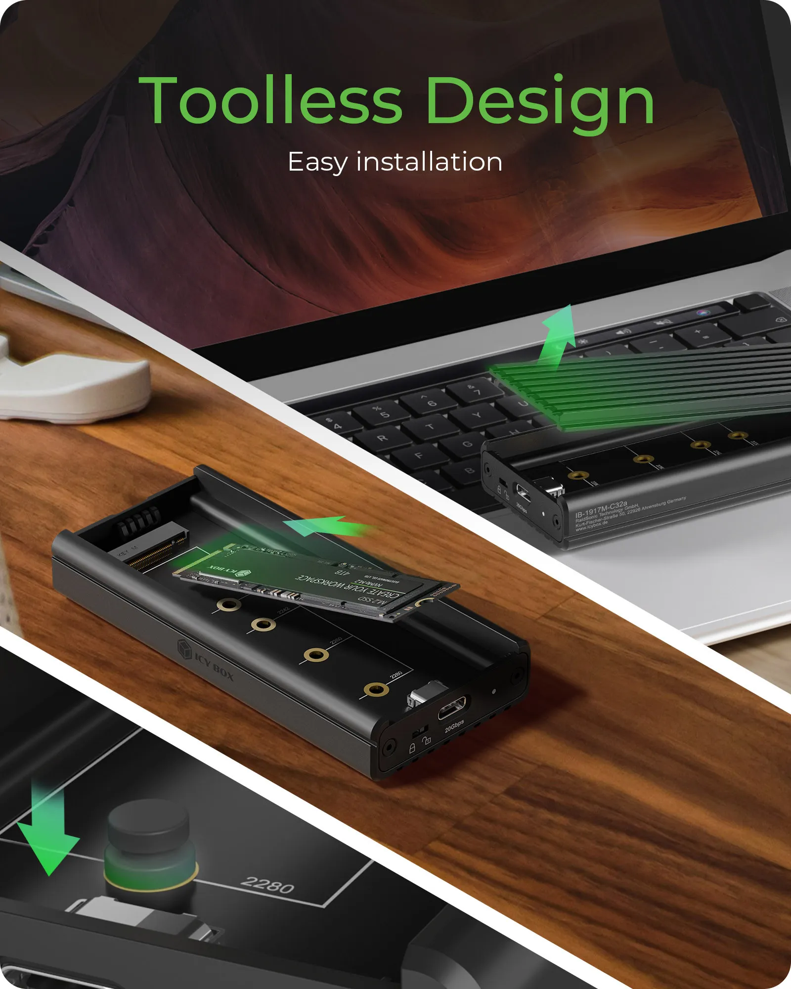 ICY BOX IB-1917M-C32A M.2 NVMe SSD Enclosure, USB 3.2 Gen 2x2, USB Type-C, Tool-Free, Black