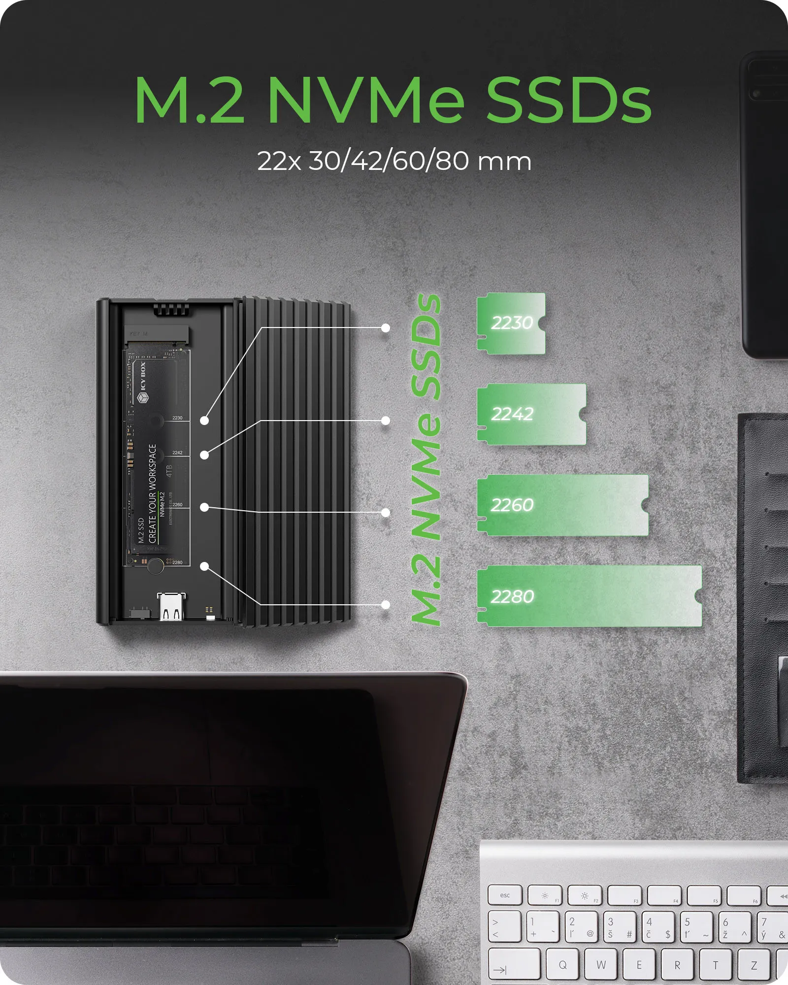 ICY BOX IB-1917M-C32A M.2 NVMe SSD Enclosure, USB 3.2 Gen 2x2, USB Type-C, Tool-Free, Black