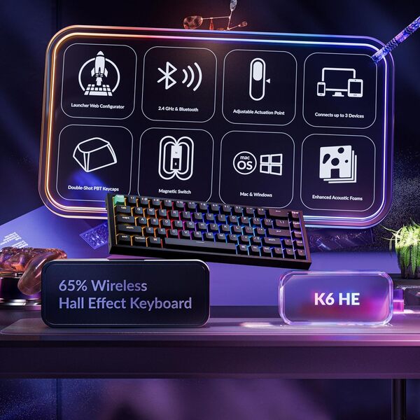 Keychron K6 HE SE K6H-F1-BO 65% -langaton mekaaninen pelin&auml;pp&auml;imist&ouml;, Gateron Magnetic, musta