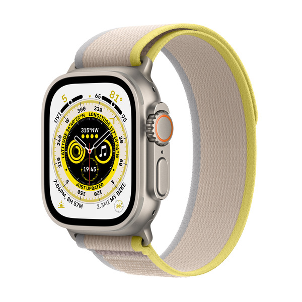 Apple Watch Ultra GPS + Cellular, 49mm Titanium Case, Trail Loop, Yellow/Beige (S/M)