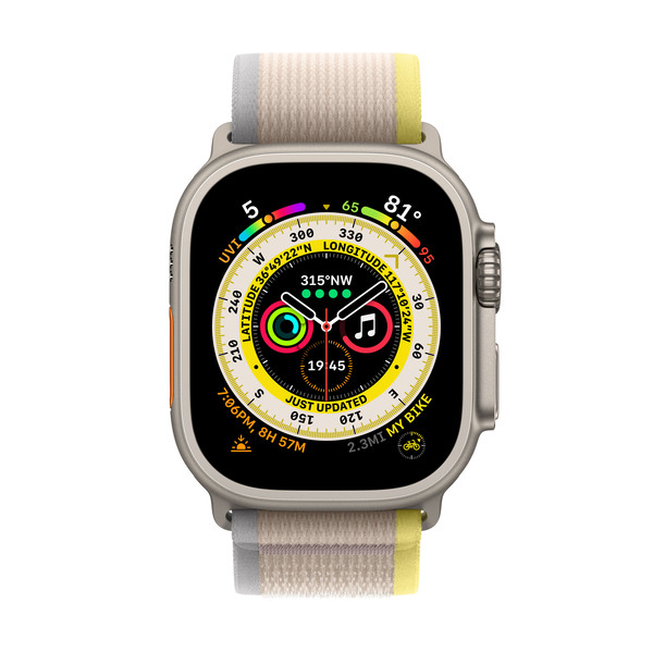 Apple Watch Ultra GPS + Cellular, 49mm Titanium Case, Trail Loop, Yellow/Beige (S/M)