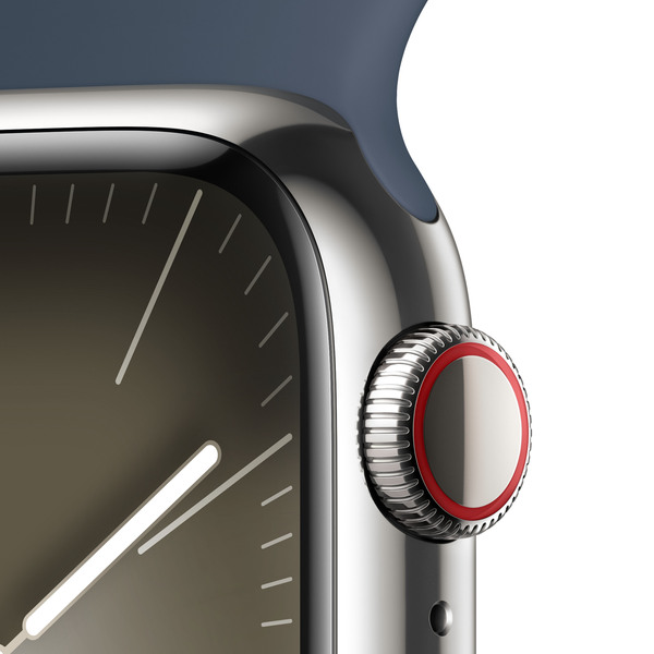 Apple Watch Series 9 GPS + Cellular 41mm Silver Stainless Steel Case with Storm Blue Sport Band - M/L