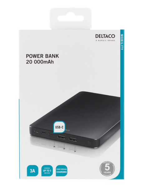 DELTACO 20 000 mAh Power Bank, 74Wh, Li-Po, aluminium, USB-C, Lightnin