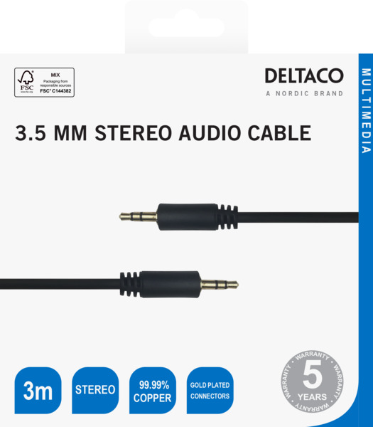 Deltaco 3.5 mm gold-plated audio cable, 3 m, Black