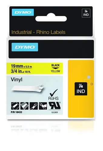DYMO RhinoPRO m&auml;rktejp perm vinyl 19mm, svart p&aring; gult, 5.5m rulle
