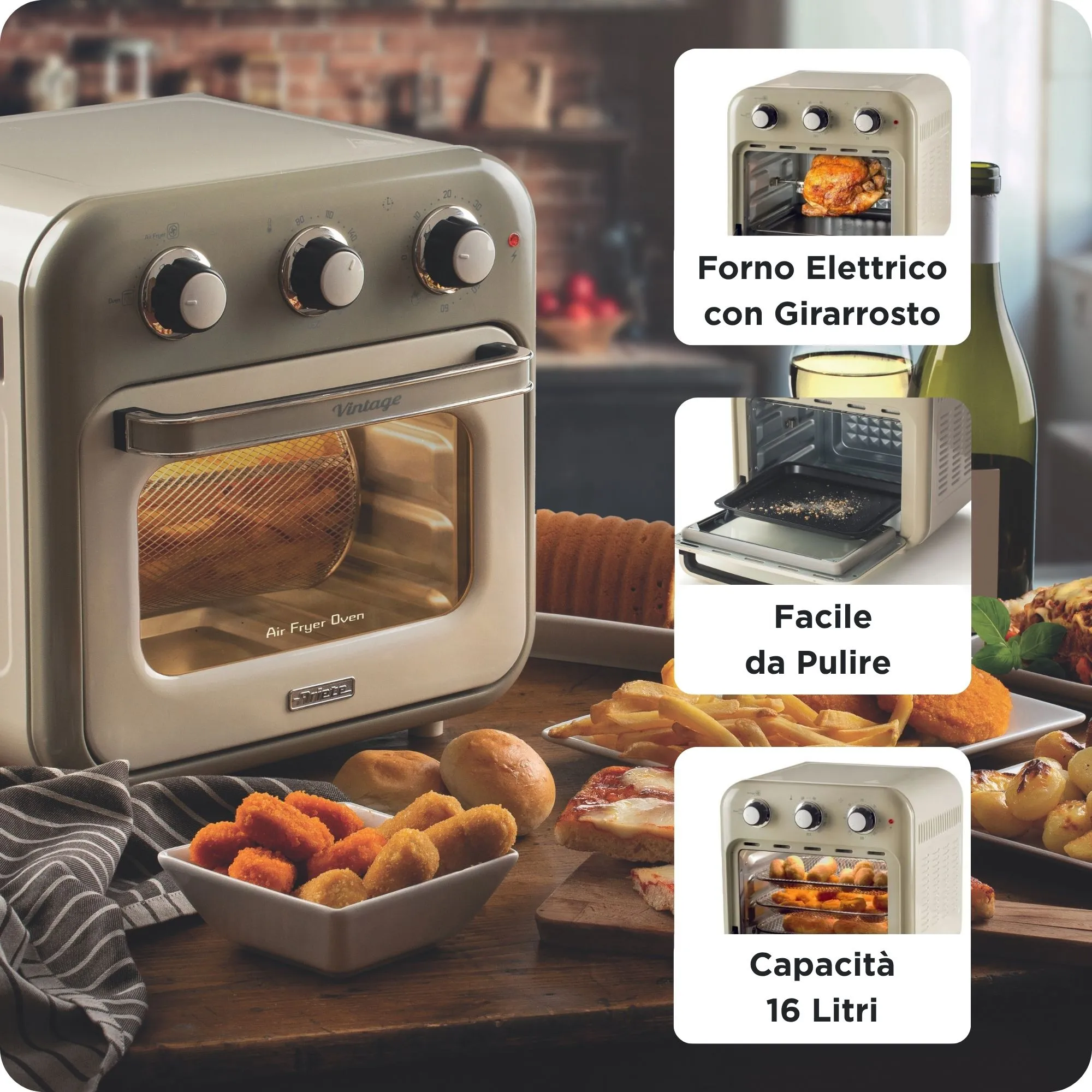 Ariete 3-in-1 Vintage Air Fryer -kiertoilmakypsennin ja uuni, Beige, 16L