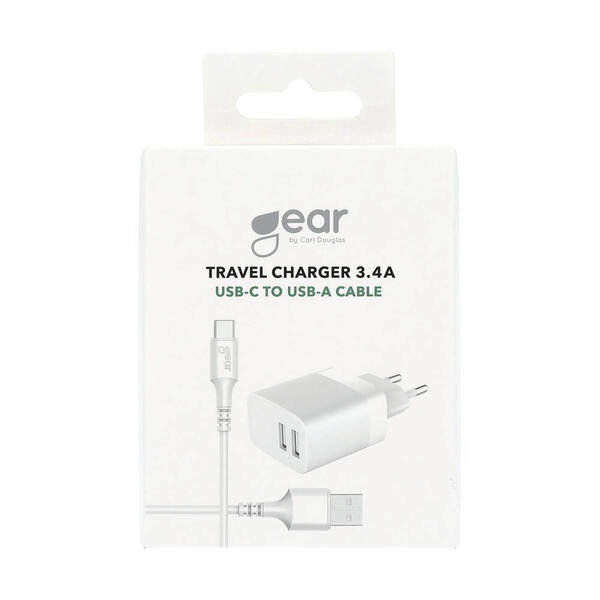 GEAR Laddare 220V 2xUSB 3.4A Vit USB-C 2.0 Kabel 1m