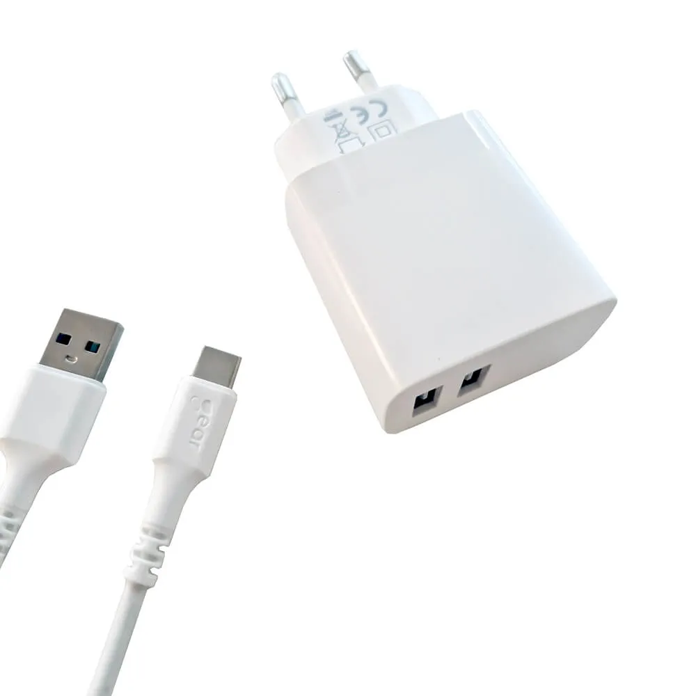 GEAR Laddare 220V 2xUSB 3.4A Vit USB-C 2.0 Kabel 1m