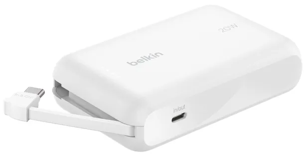 Belkin 10k PD20W Integrated USB-C Cable -varavirtalähde, Valkoinen