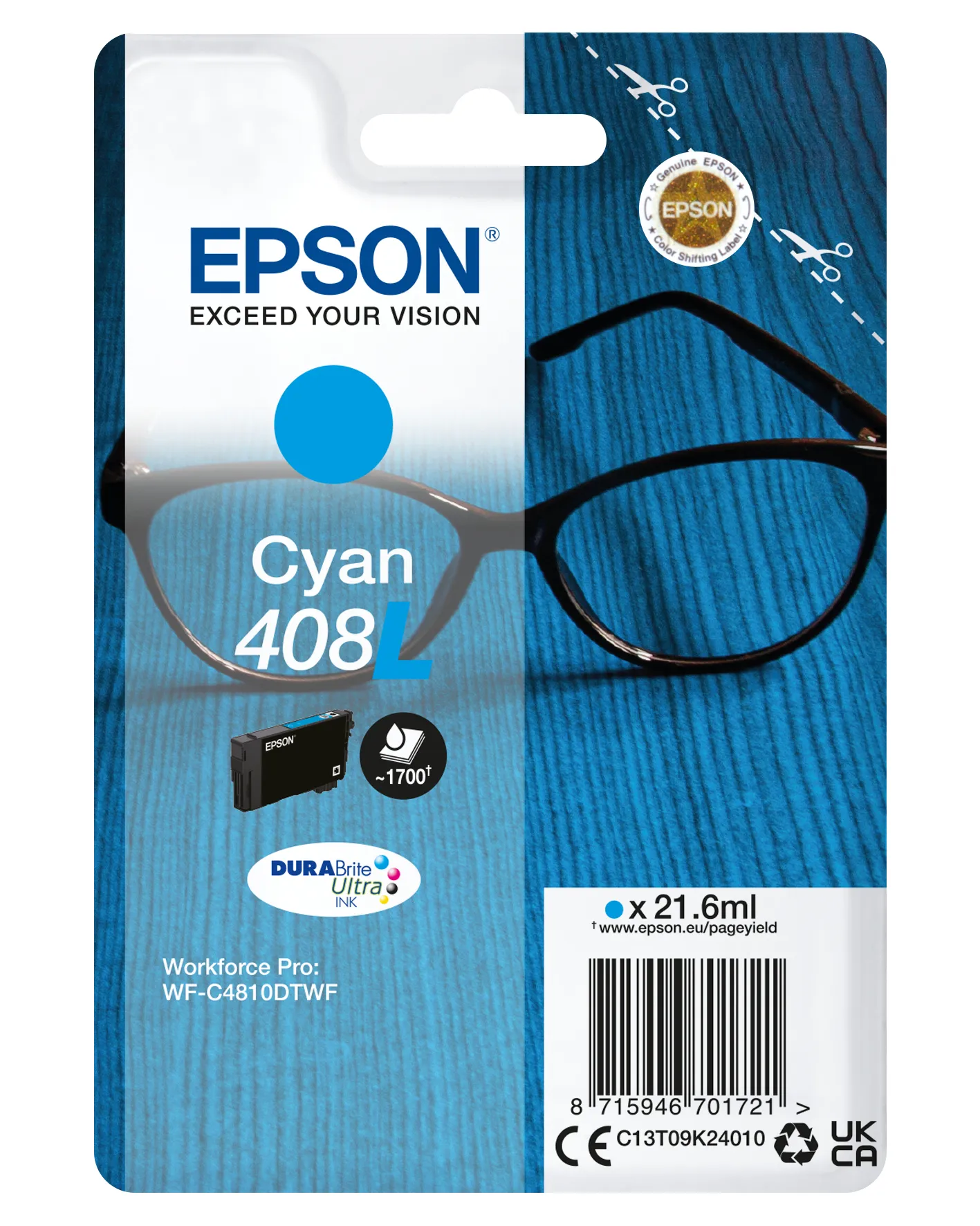 Epson 408L XL bl&auml;ckpatron, 21.6 ml, cyan