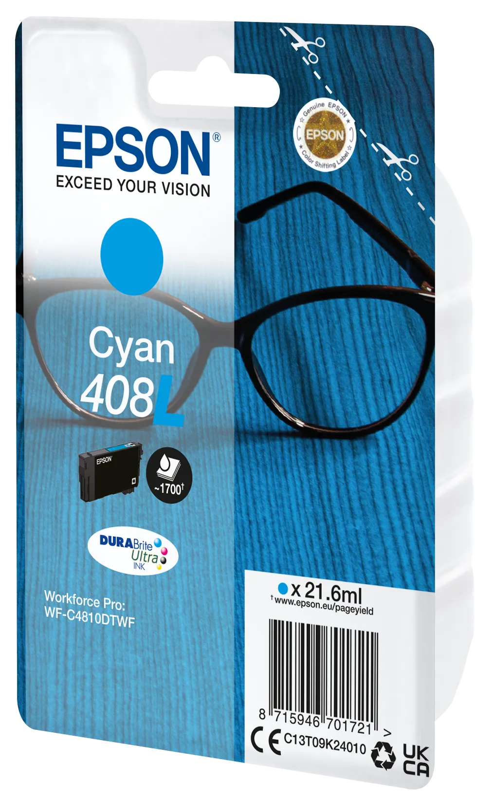 Epson 408L XL bl&auml;ckpatron, 21.6 ml, cyan