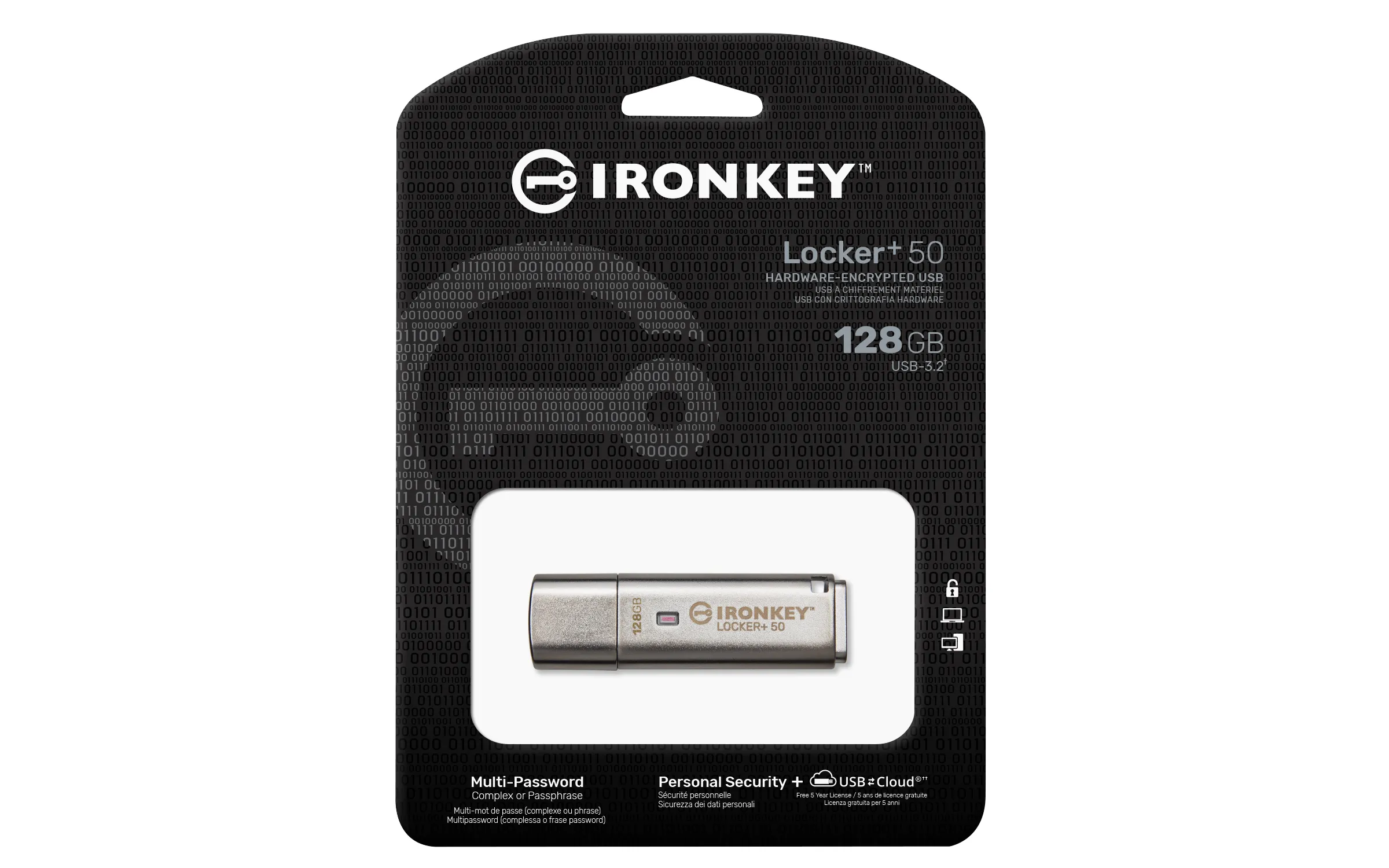 Kingston IronKey Locker+ 50 128 Gt USB 3.2 Gen 1x1 -muistitikku, Hopea