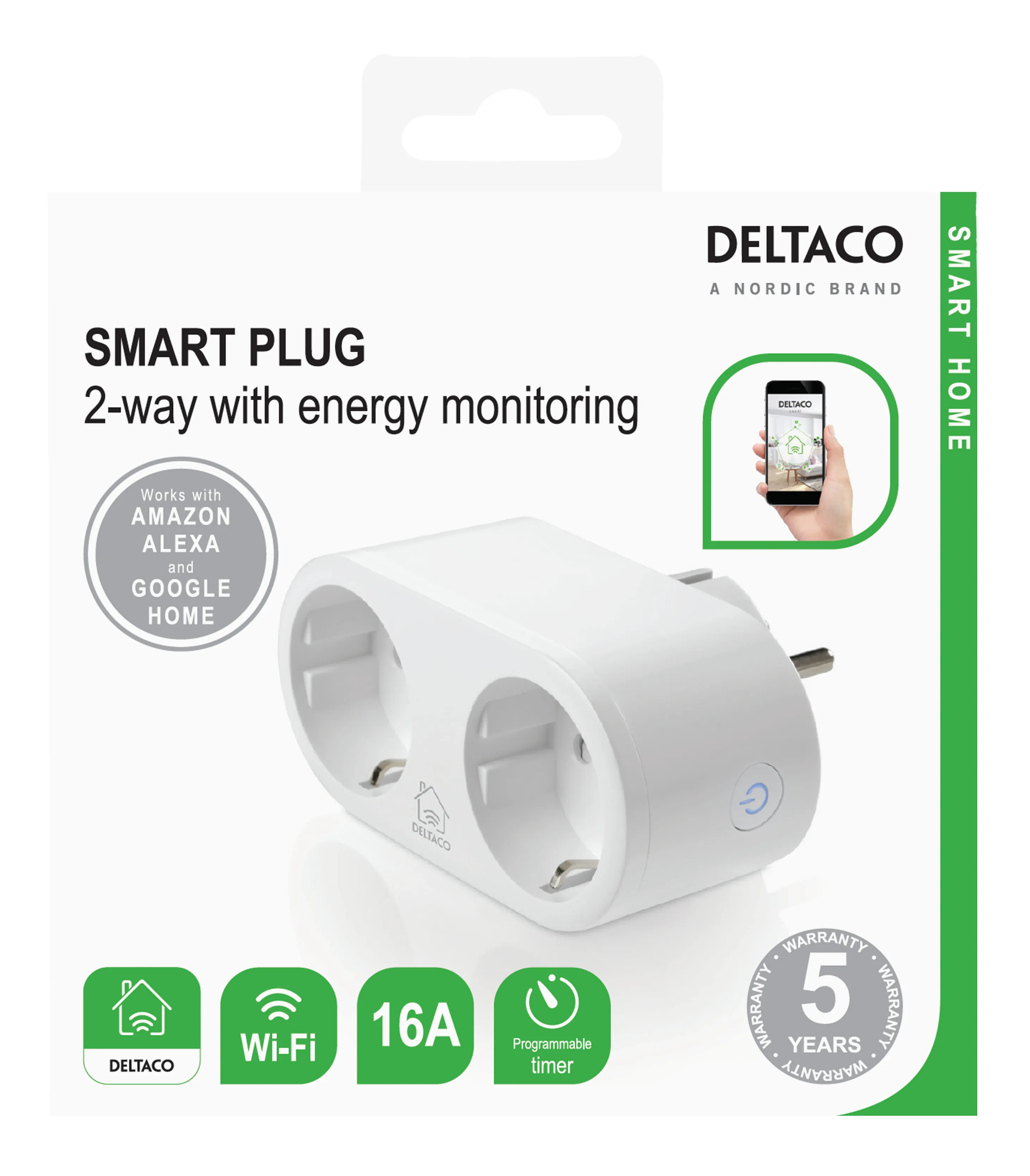 Deltaco Smart Plug with Energy Monitoring, Wi-Fi -kaksiosainen &auml;lypistorasia