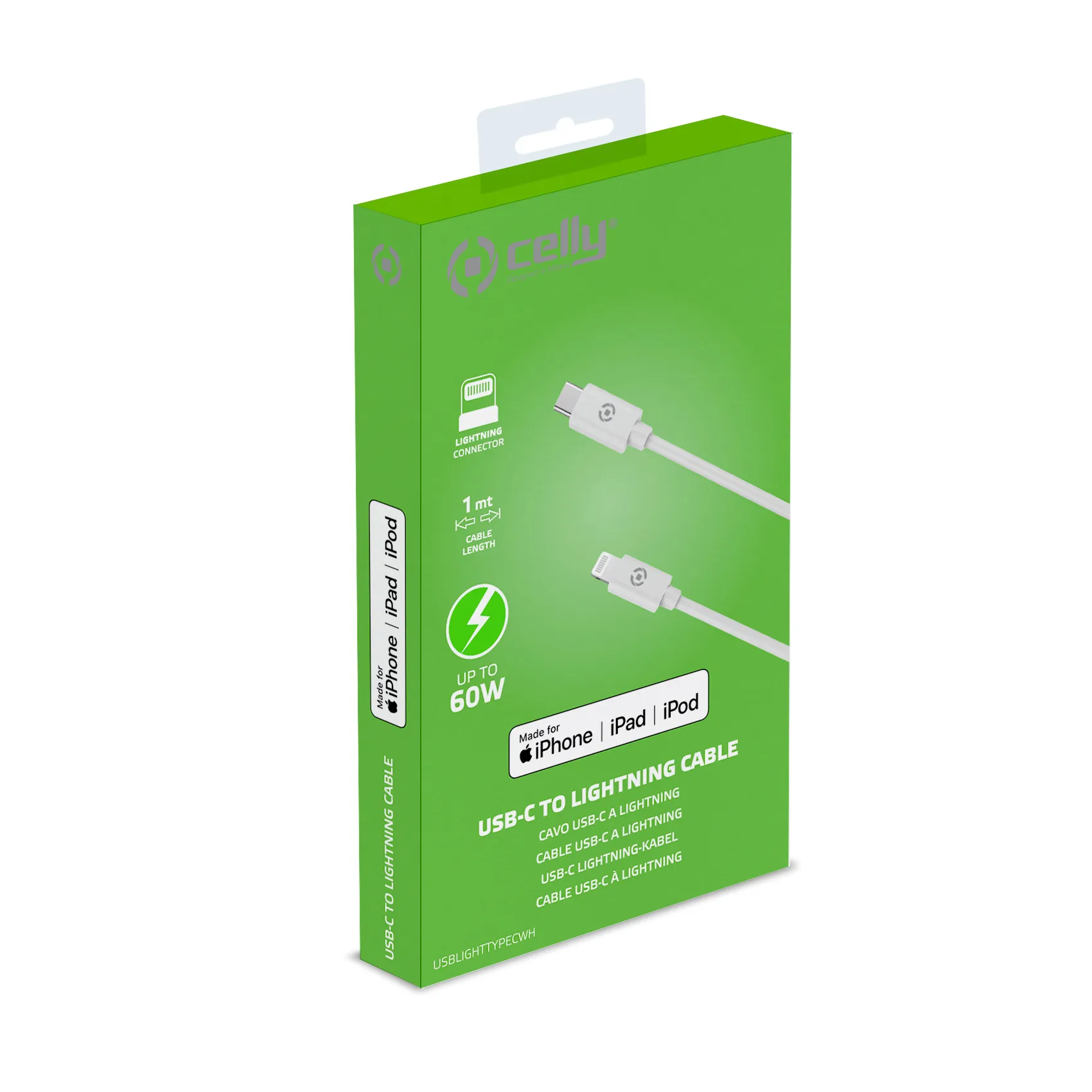 Celly USB-C &ndash; Lightning -kaapeli, 1 m, valkoinen