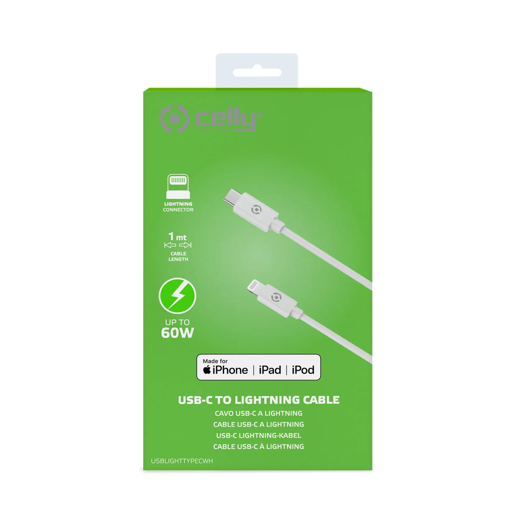 Celly USB-C &ndash; Lightning -kaapeli, 1 m, valkoinen