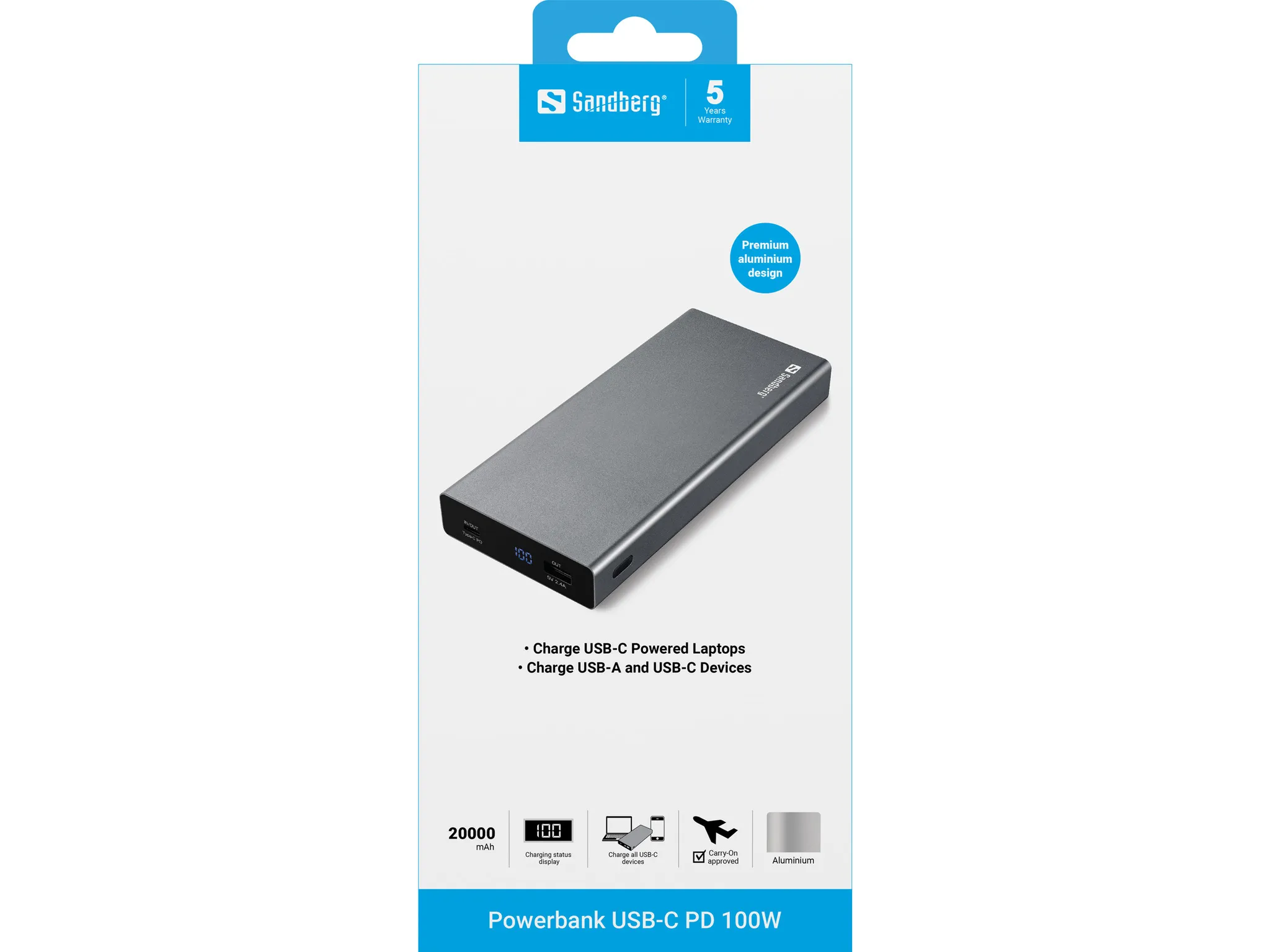 Sandberg Powerbank USB-C PD 20000 mAh, 100W - powerbank, Aluminium