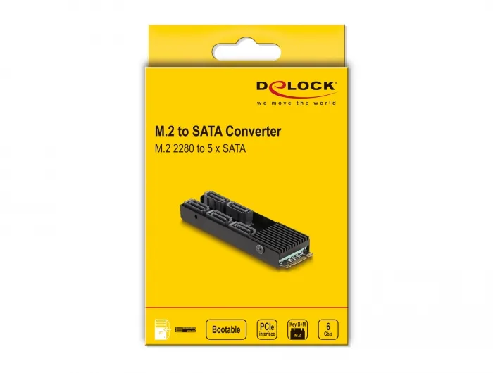 DE-LOCK M.2 &rarr; SATA -sovitin, M.2 2280, 5-porttinen, Key B+M, j&auml;&auml;hdytyssiili