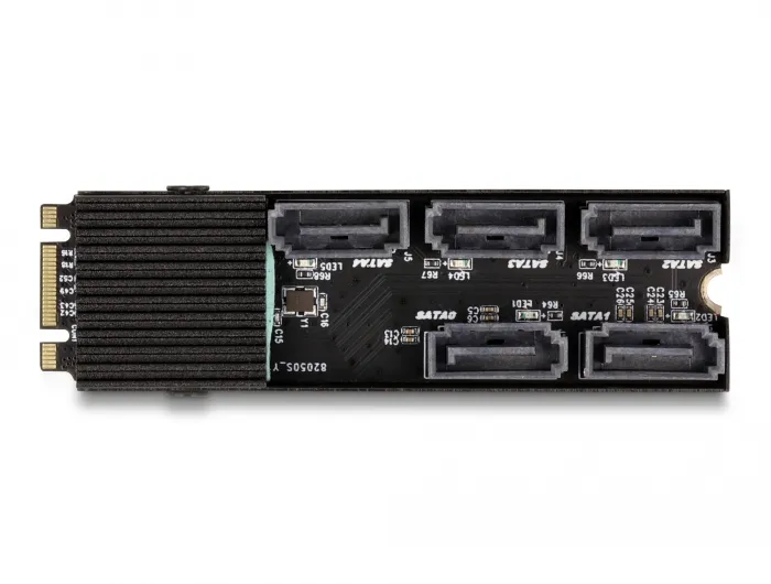 DE-LOCK M.2 &rarr; SATA -sovitin, M.2 2280, 5-porttinen, Key B+M, j&auml;&auml;hdytyssiili
