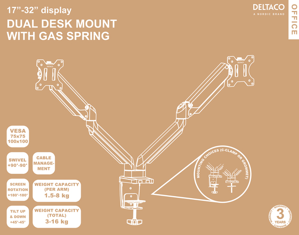 Deltaco Office Premium Gas Spring - monitor arm, black, 17&quot;-32&quot;, 2x8Kg