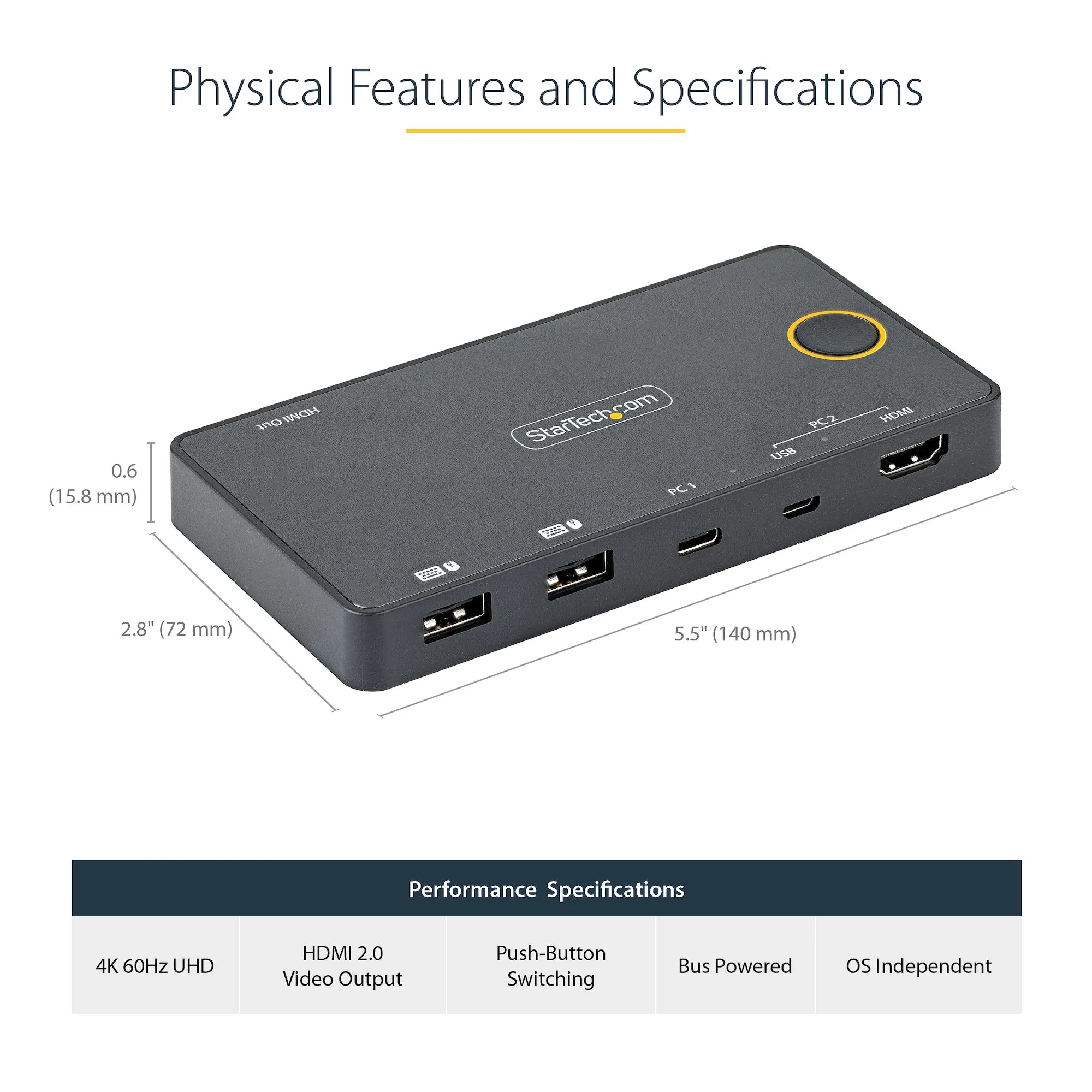 Startech 2 Port USB-A + HDMI/USB-C 4K KVM -kytkin