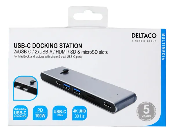 Deltaco HDMI/SD/mSD PD 85W, USB-C - dock