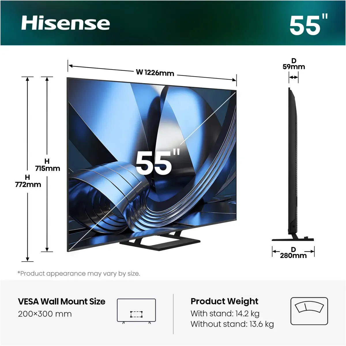 Hisense 55U7SE 55" 4K QLED Mini LED VIDAA TV, 144Hz, HDR10, HDR10+ Adaptive, HLG, Dolby Vision IQ, Dolby Vision Gaming, HDR10+ Gaming