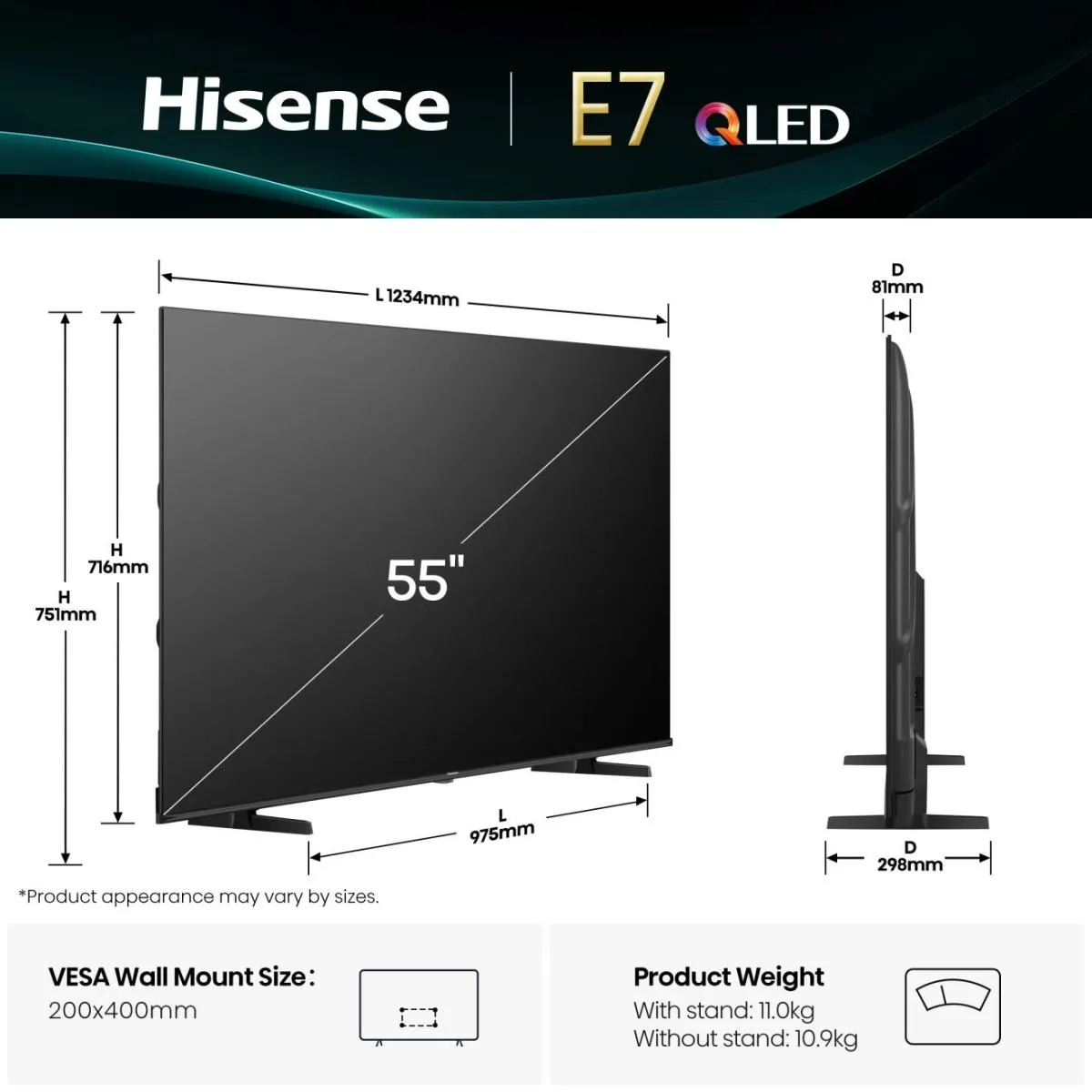 Hisense 55E7Q 55" 4K QLED VIDAA OS TV, 60Hz, Dolby Vision, HDR10+