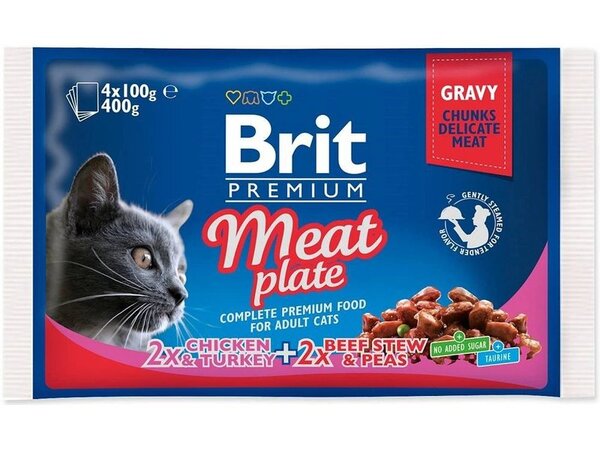 Brit Premium Cat Meat Plate, Wet food for cats, Adult, 4 x 100g