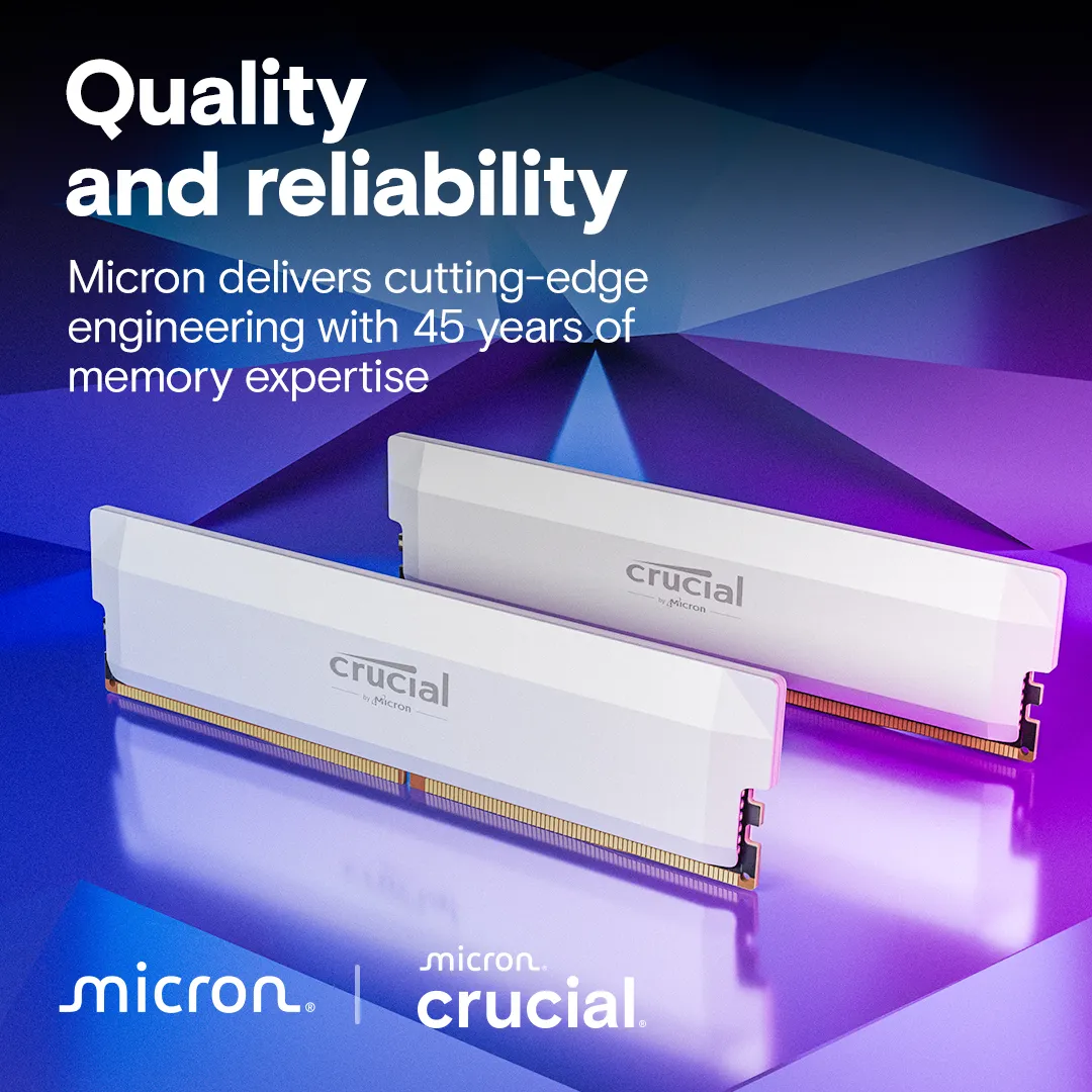 Crucial Pro OC 16 Gt (1 x 16 Gt) DDR5 6400 MHz, CL38 -muisti, valkoinen (EXPO/XMP)