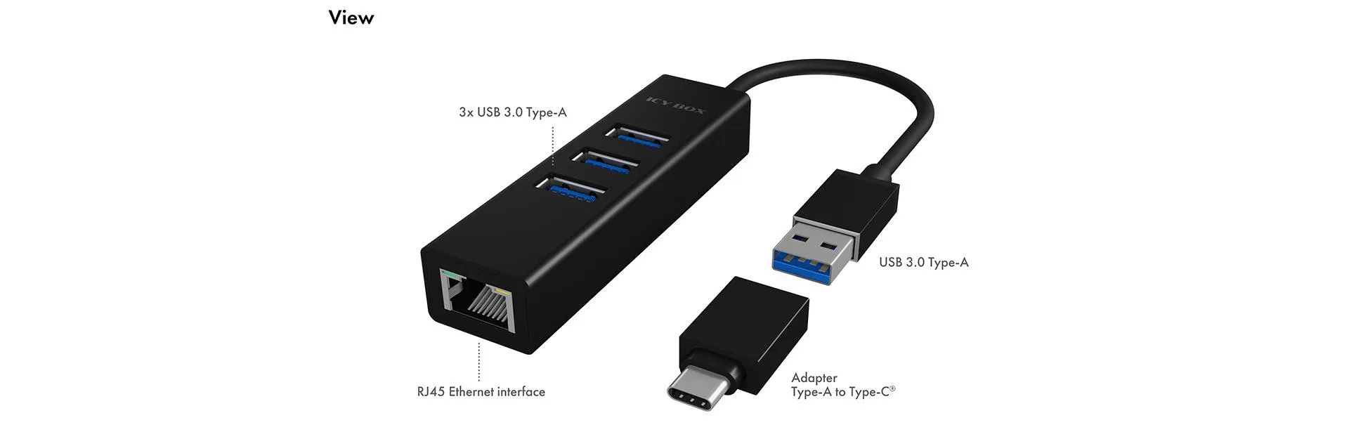 ICY BOX USB 3.0 HUB &amp; Gigabit LAN Adapter, Type-A / Type-C