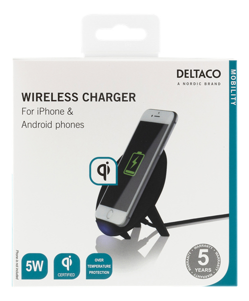 DELTACO Tr&aring;dl&ouml;s Laddare f&ouml;r iPhone och Android, 5W, QI-certifierad, sv