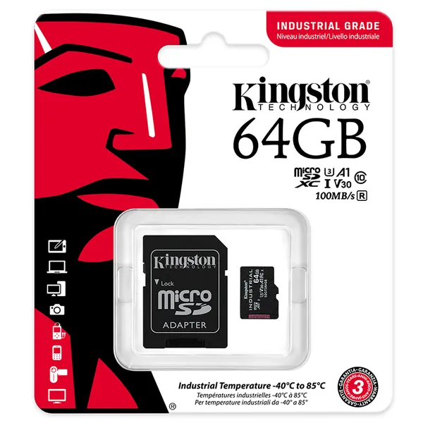 Kingston Industrial C10 A1 64 Gt MicroSDXC -muistikortti + SD-adapteri Kingston Industrial C10 A1 64 Gt MicroSDXC -muistikortti + SD-adapteri