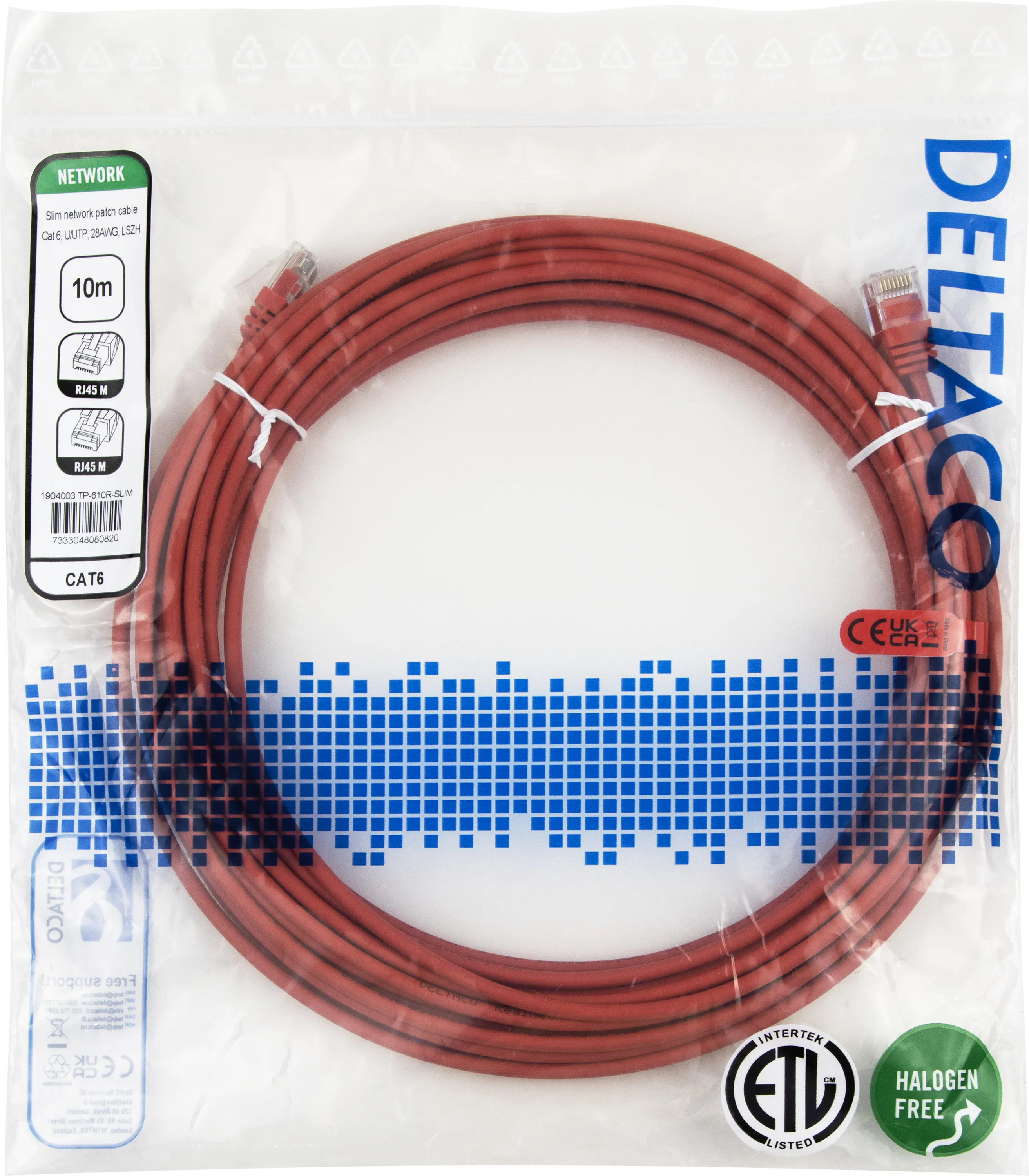 Deltaco Cat6 UTP RJ45 10m -verkkokaapeli, punainen
