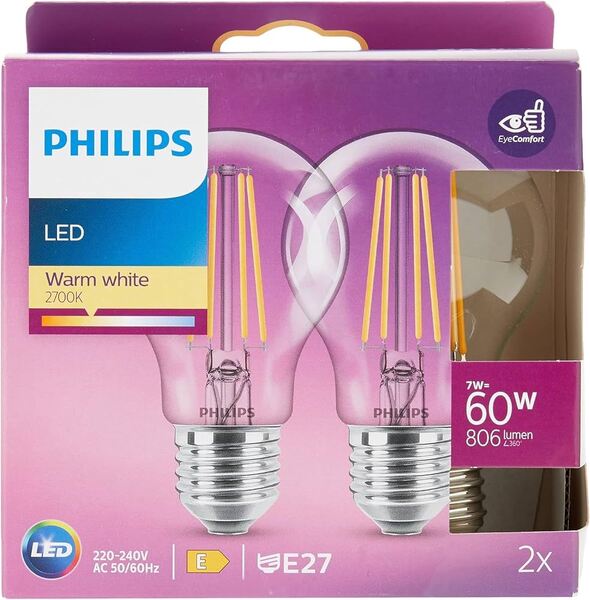 Philips LED Standard A60 E27 7 W (60 W) 806 lm 2700 K Varmvit Klar 2-pack