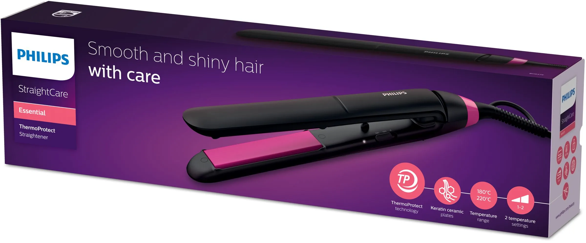 Philips StraightCare Essential ThermoProtect BHS375/00 platt&aring;ng, svart/rosa