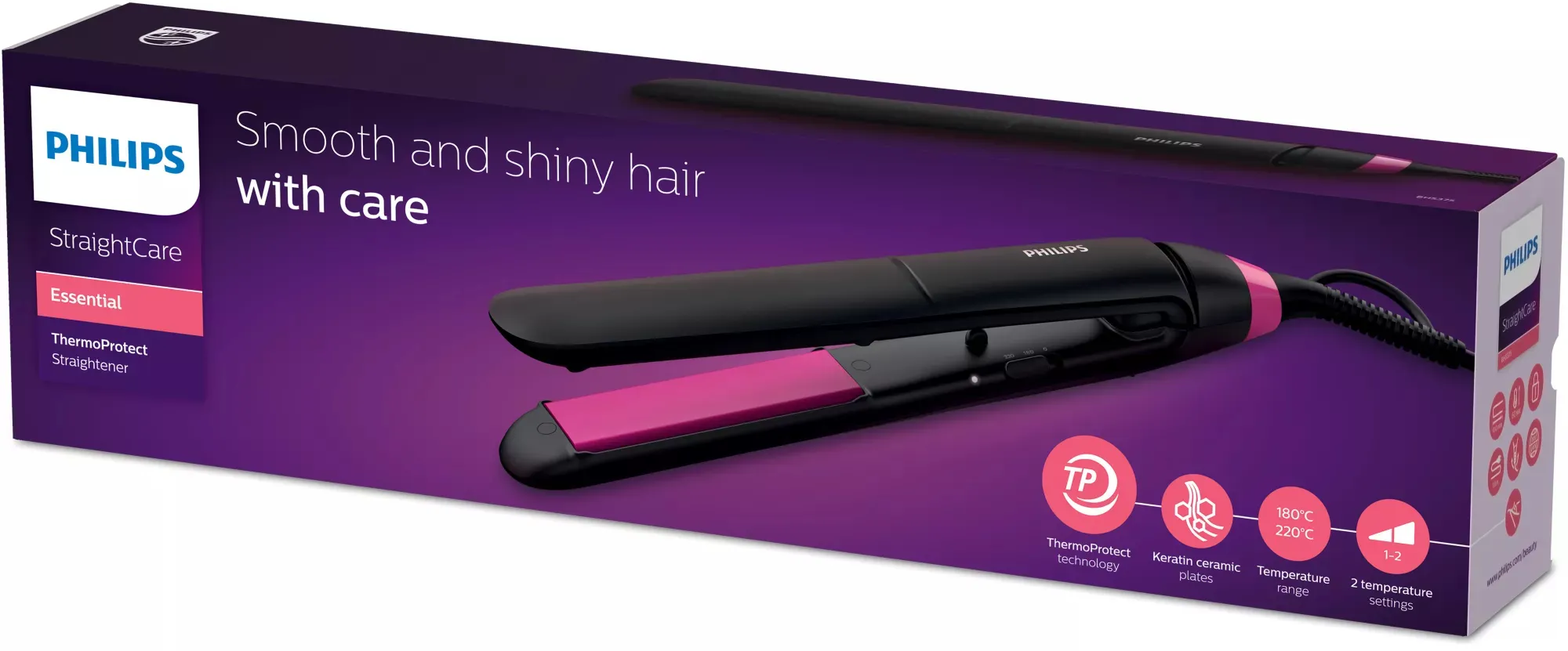 Philips StraightCare Essential ThermoProtect BHS375/00 platt&aring;ng, svart/rosa