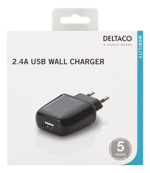 DELTACO virtasovitin 230V - 5V USB, 2,4A, musta