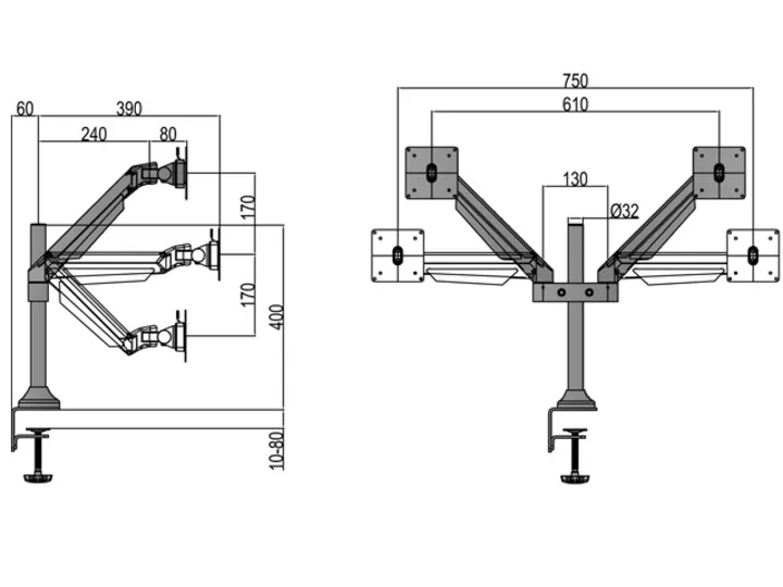 Multibrackets M VESA Gas Lift Arm Dual monitorarm f&ouml;r 2 sk&auml;rmar, 15-32", med gasfj&auml;der, 10 kg, silver
