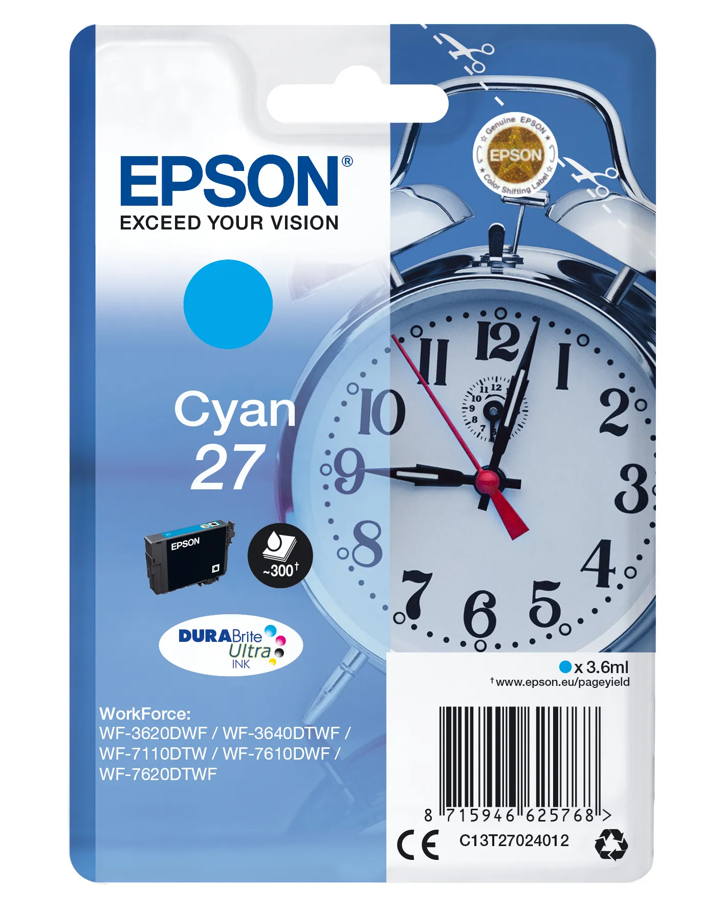 Epson 27 - 3.6 ml - sinivihre&auml; - alkuper&auml;inen - blister RF:ll&auml;/&auml;&auml;nih&auml;lyttimell&auml; - mustepatruuna malleihin WorkForce WF-3620DWF, WF-3640DTWF, WF-7110DTW, WF-7610